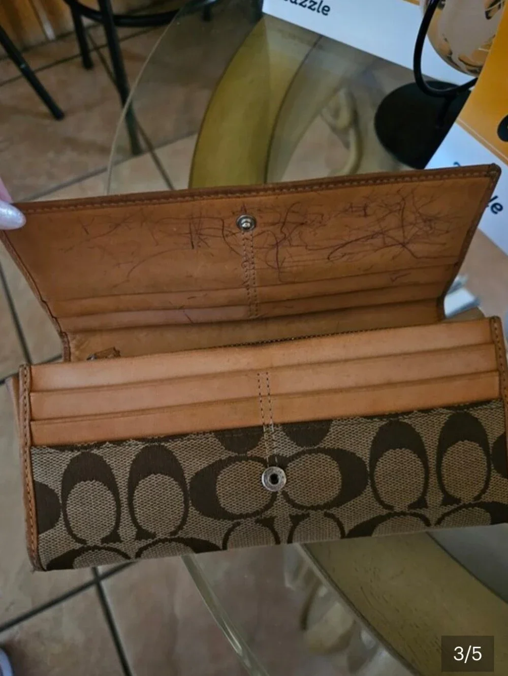 Coach Signature C Canvas Tan Genuine Leather Stripe Full-size Snap Wallet